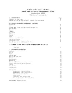 Lincoln National Forest Land and Resource Management Plan September 1986 Table of Contents
