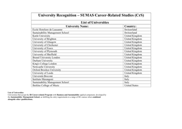 University Recognition – SUMAS Career-Related Studies (Crs)