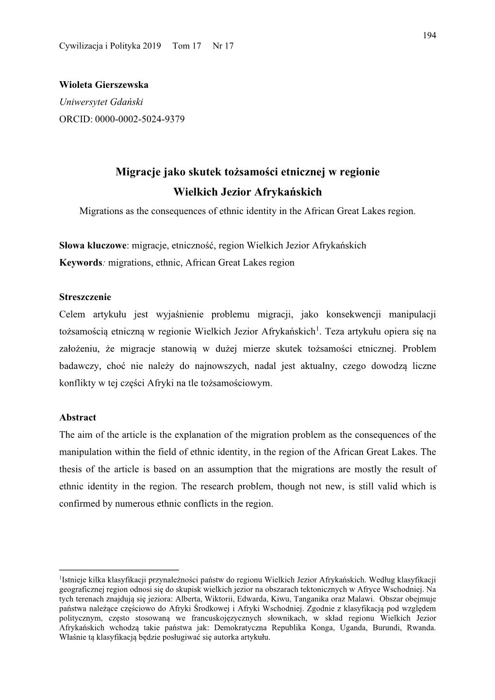 Migracje Jako Skutek Tożsamości Etnicznej W Regionie Wielkich Jezior Afrykańskich Migrations As the Consequences of Ethnic Identity in the African Great Lakes Region