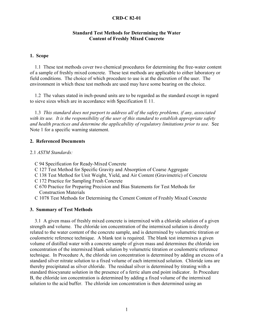 CRD-C82-01 Standard Test Methods for Determining the Water