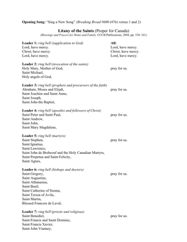 Litany of the Saints (Proper for Canada) (Blessings and Prayers for Home and Family, CCCB Publications, 2004, Pp