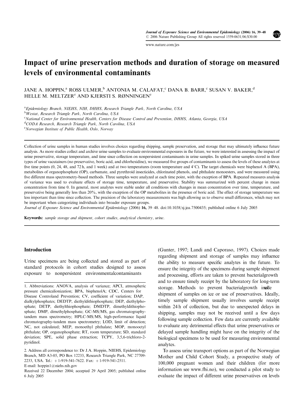 Impact of Urine Preservation Methods and Duration of Storage on Measured Levels of Environmental Contaminants