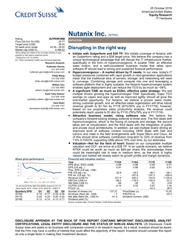 Nutanix Inc. (NTNX) Rating OUTPERFORM Price (24-Oct-16,US$) 29.77 INITIATION Target Price (US$) 38.00 52-Week Price Range 44.46 - 28.50