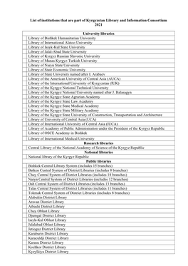 List of Institutions That Are Part of Kyrgyzstan Library Information