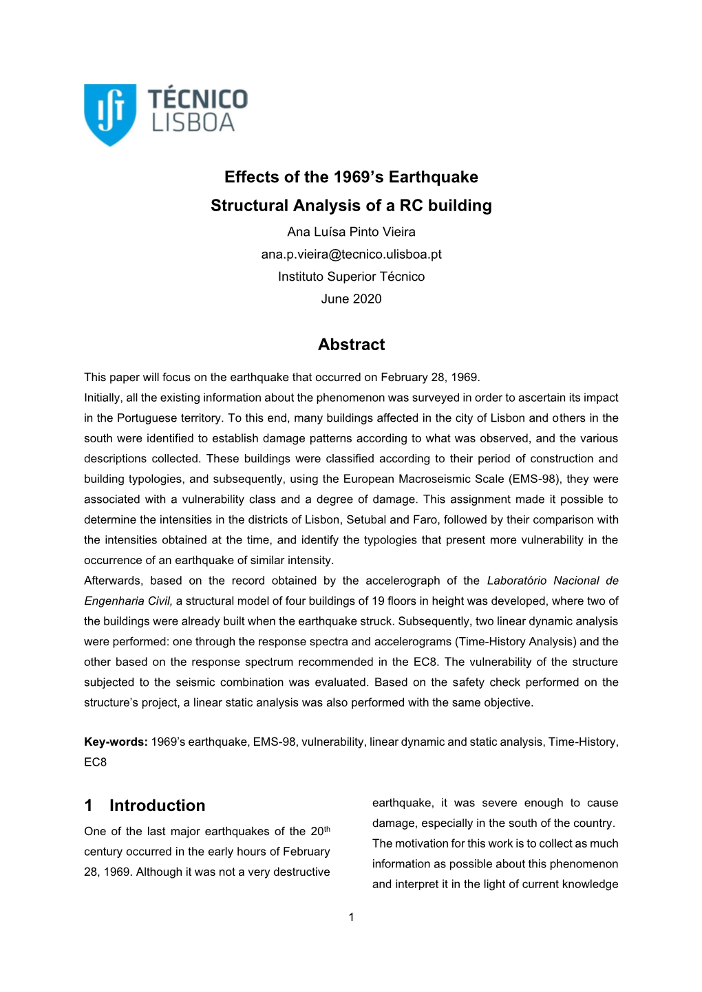 Effects of the 1969'S Earthquake Structural Analysis of a RC Building