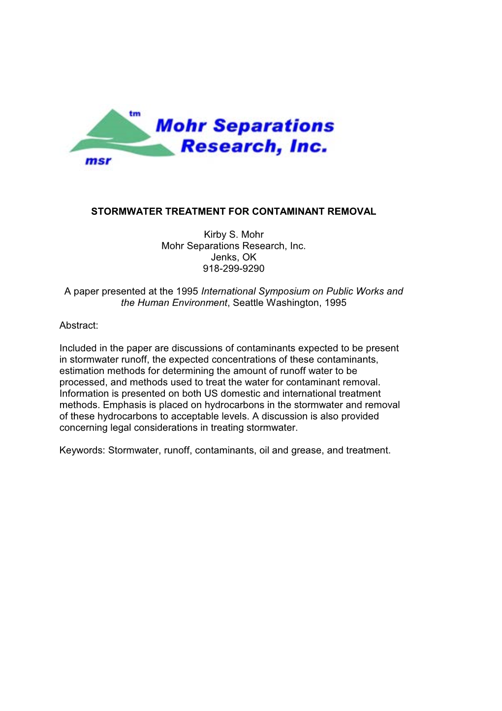 STORMWATER TREATMENT for CONTAMINANT REMOVAL Kirby S