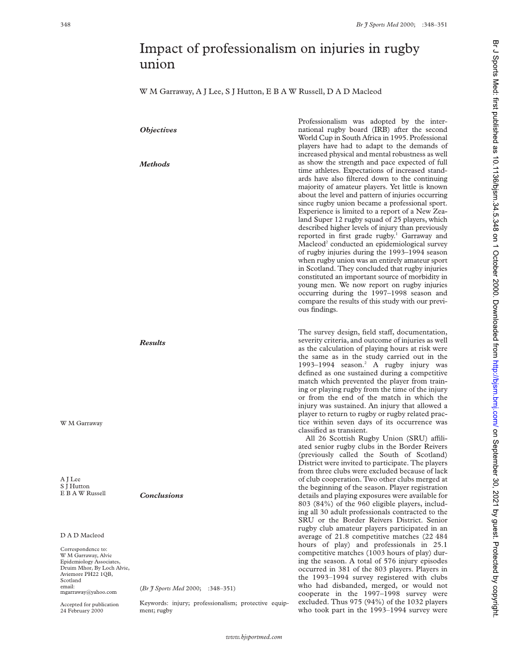 Impact of Professionalism on Injuries in Rugby Union