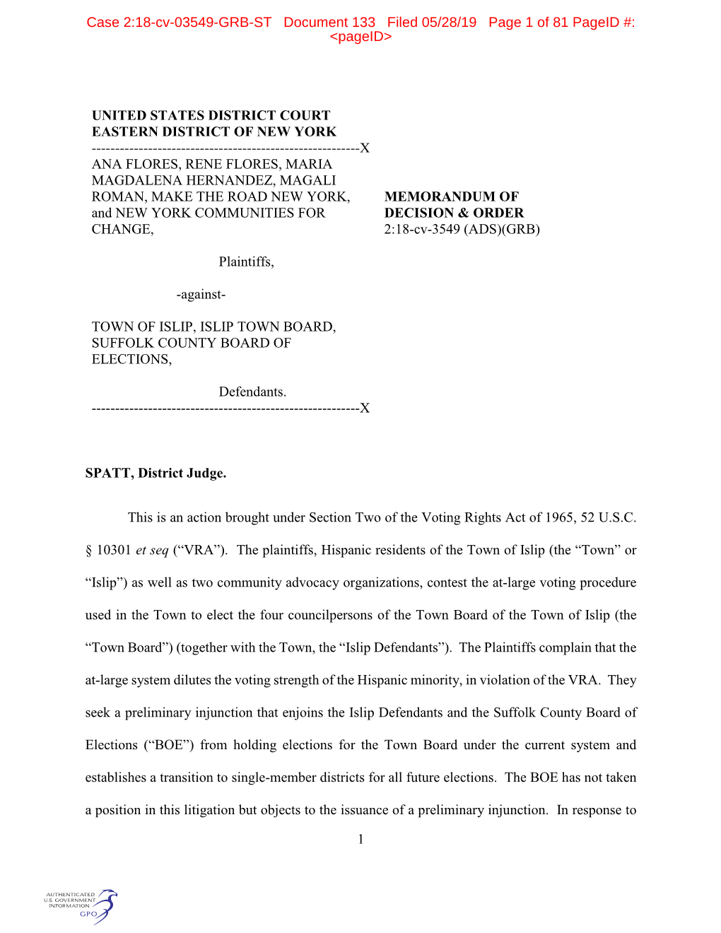 Case 2:18-Cv-03549-GRB-ST Document 133 Filed 05/28/19 Page