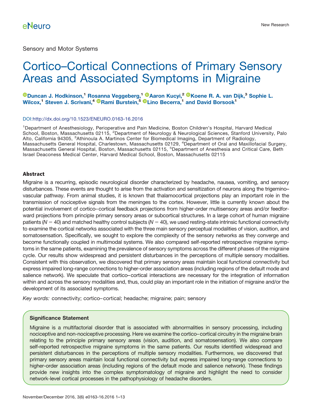 Cortico–Cortical Connections of Primary Sensory Areas and Associated Symptoms in Migraine