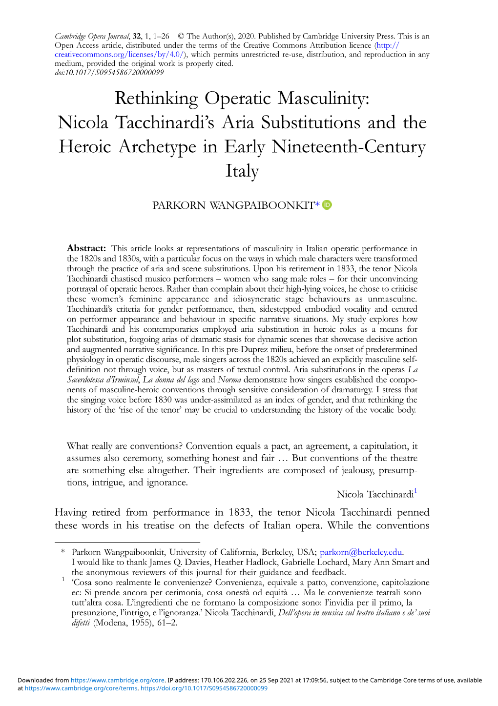 Rethinking Operatic Masculinity: Nicola Tacchinardi's Aria Substitutions and the Heroic Archetype in Early Nineteenth-Century