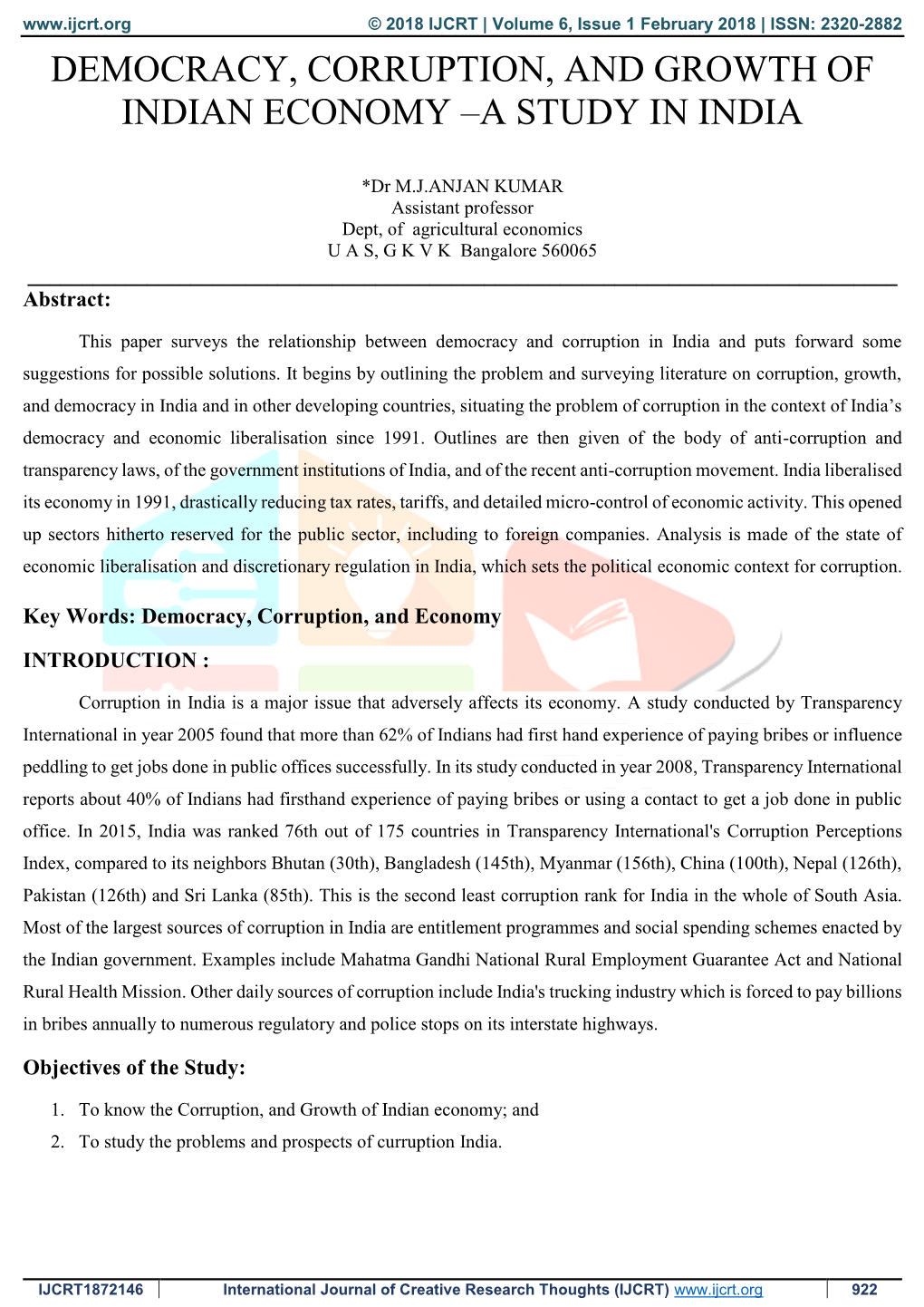 Democracy, Corruption, and Growth of Indian Economy –A Study in India