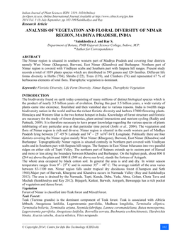 ANALYSIS of VEGETATION and FLORAL DIVERSITY of NIMAR REGION, MADHYA PRADESH, INDIA *Sainkhediya J