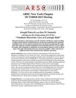 ARSC New York Chapter OCTOBER 2013 Meeting