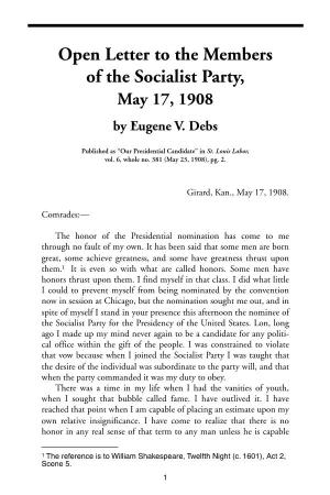 Open Letter to the Members of the Socialist Party, May 17, 1908 by Eugene V