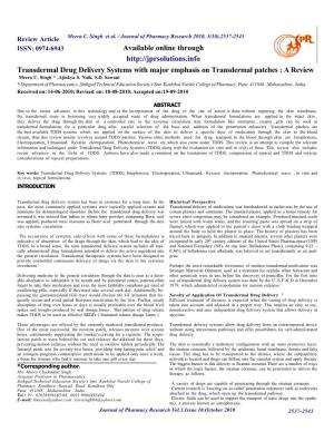 Transdermal Drug Delivery Systems with Major Emphasis on Transdermal Patches : a Review Meera C