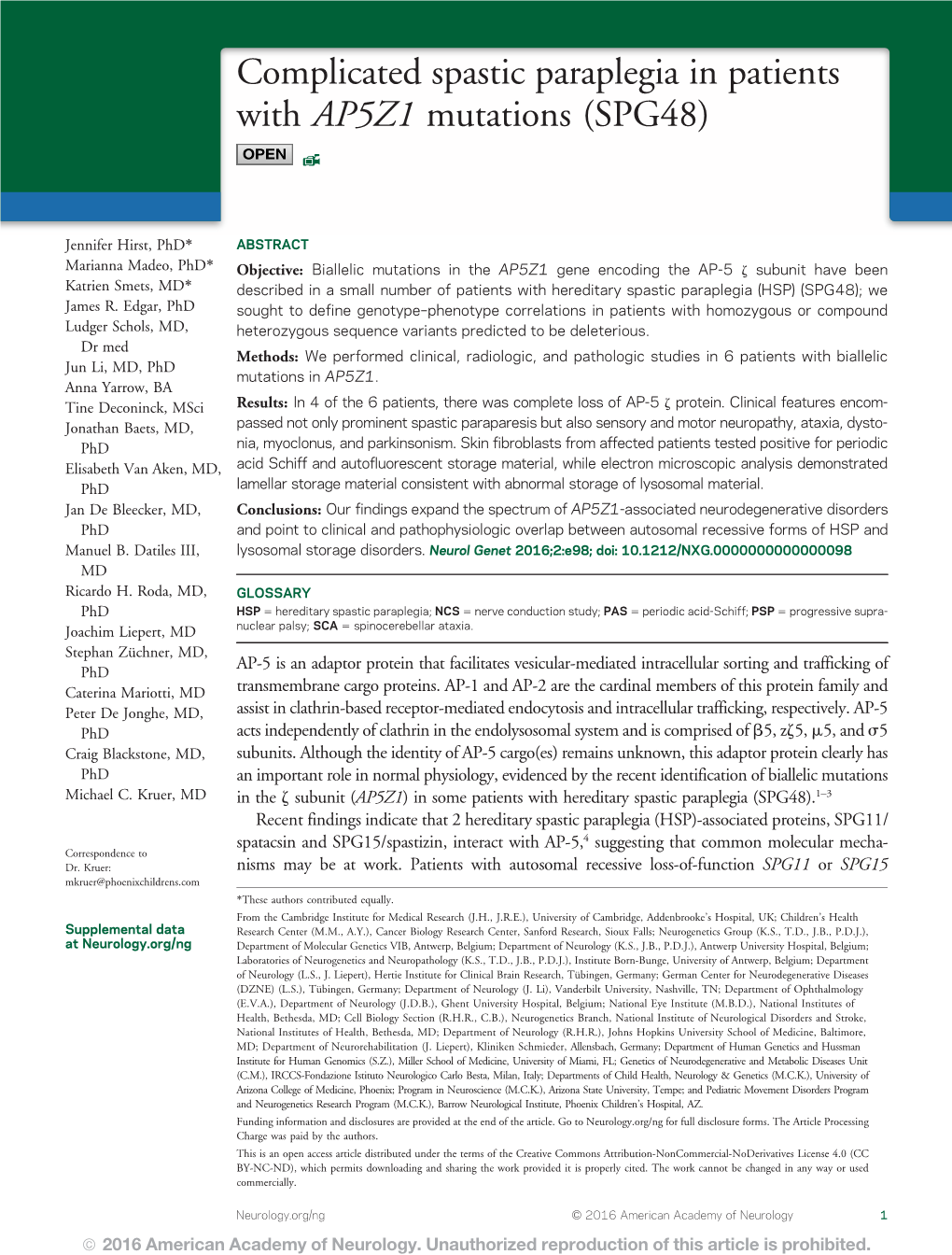 Complicated Spastic Paraplegia in Patients with AP5Z1 Mutations (SPG48)