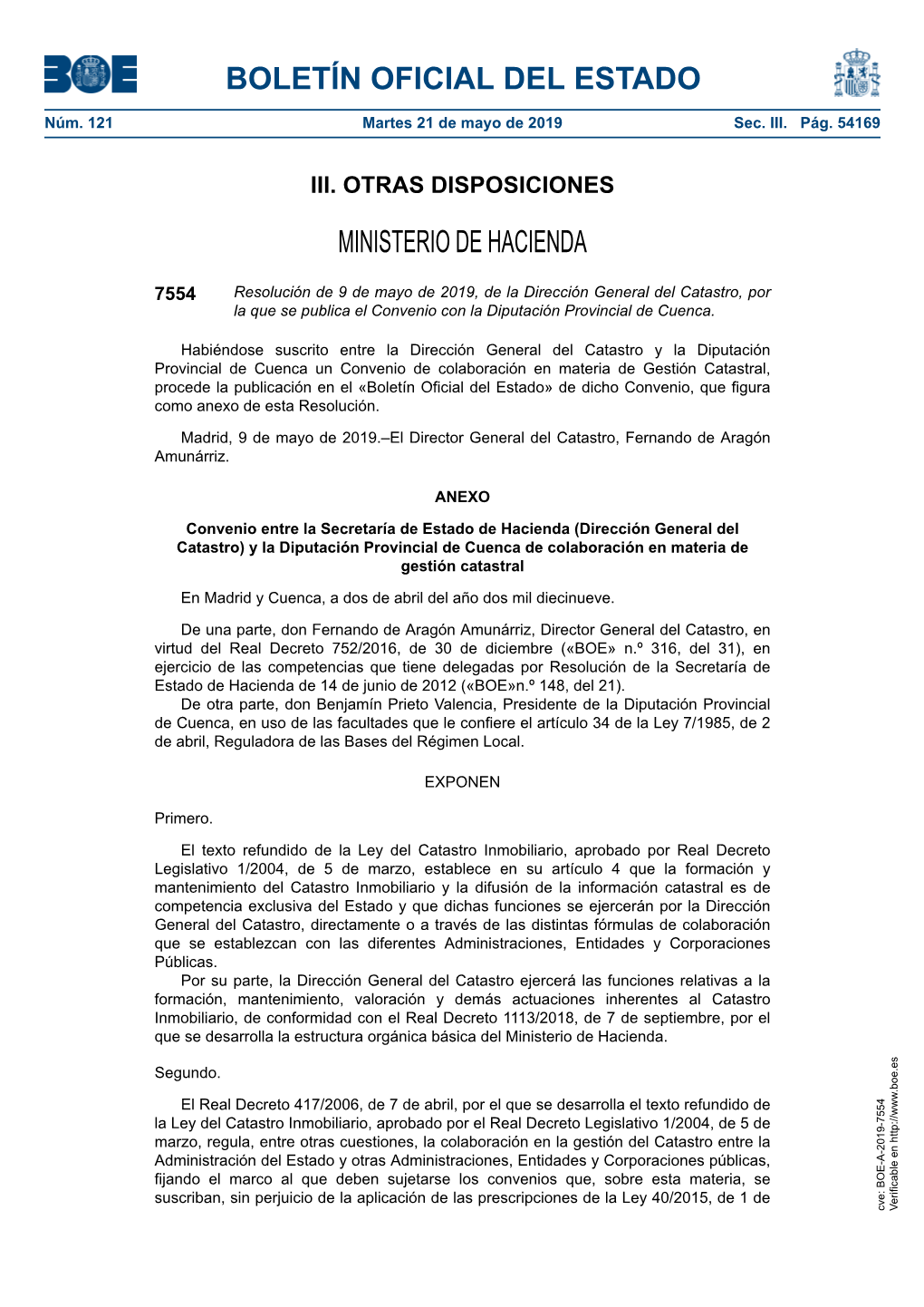 Disposición 7554 Del BOE Núm. 121 De 2019