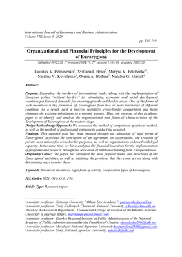 Organizational and Financial Principles for the Development of Euroregions Submitted 09/02/20, 1St Revision 10/04/19, 2Nd Revision 13/05/19, Accepted 20/07/20