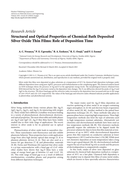 Research Article Structural and Optical Properties of Chemical Bath Deposited Silver Oxide Thin Films: Role of Deposition Time