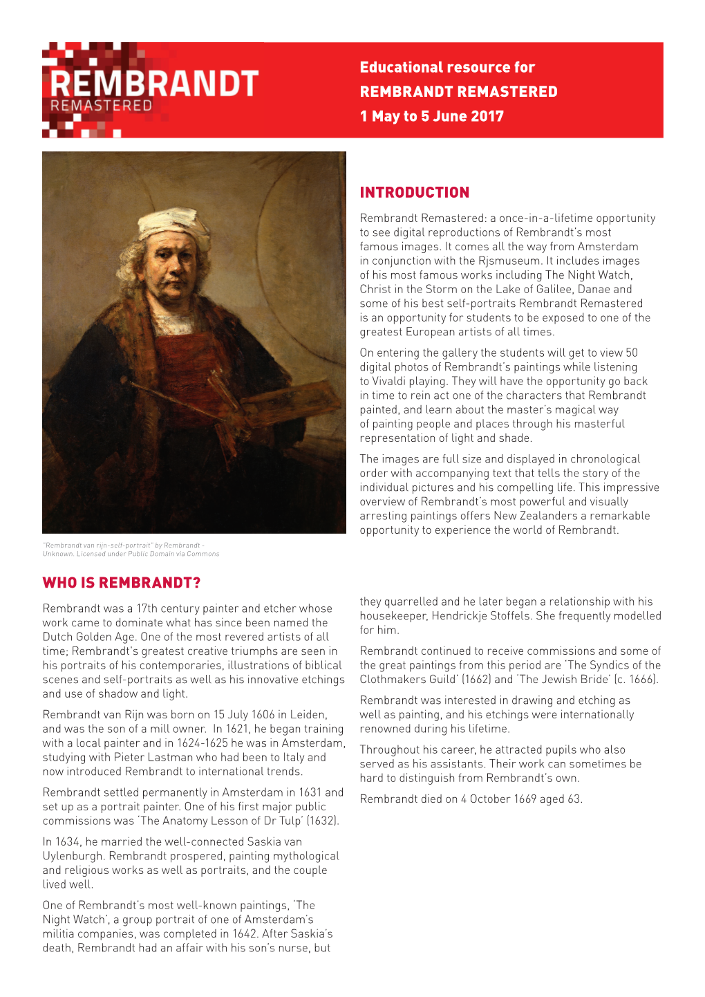 Educational Resource for REMBRANDT REMASTERED 1 May to 5 June 2017