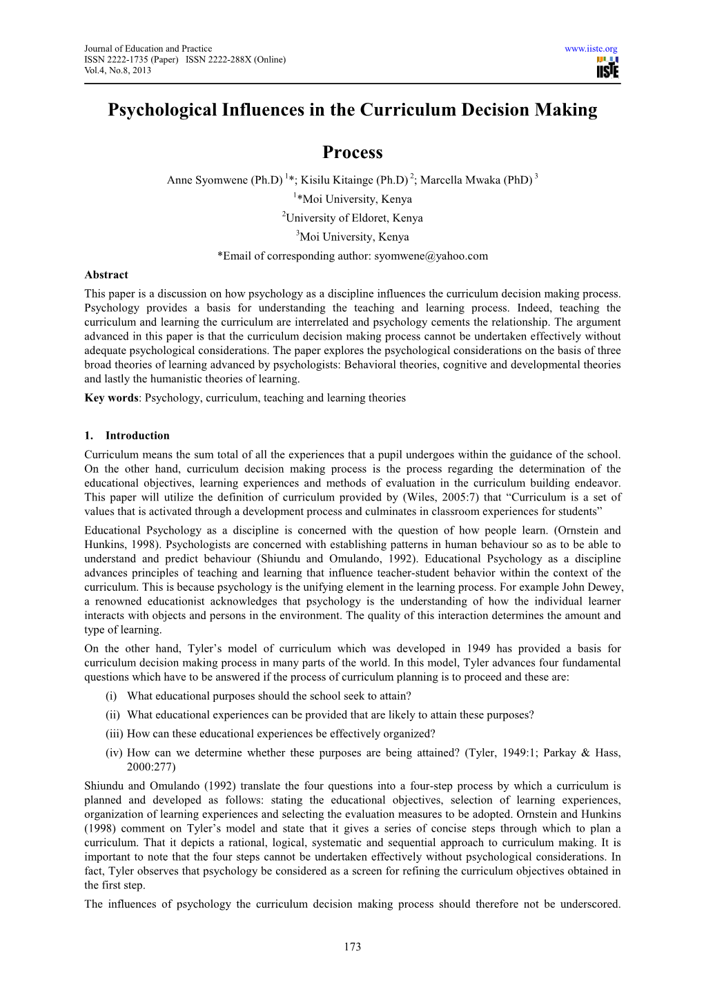 Psychological Influences in the Curriculum Decision Making Process