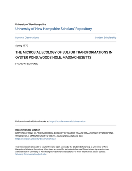 The Microbial Ecology of Sulfur Transformations in Oyster Pond, Woods Hole, Massachusetts