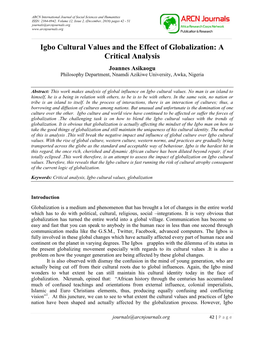Igbo Cultural Values and the Effect of Globalization: a Critical Analysis Joannes Asikaogu Philosophy Department, Nnamdi Azikiwe University, Awka, Nigeria