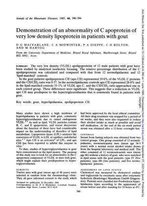 Very Low Density Lipoprotein in Patients with Gout