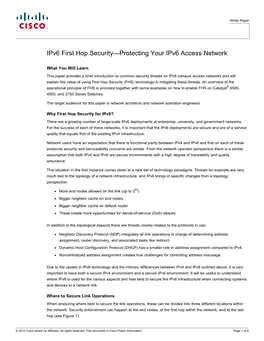 Ipv6 First Hop Security—Protecting Your Ipv6 Access Network
