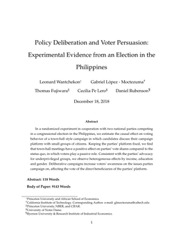 Policy Deliberation and Voter Persuasion: Experimental Evidence from an Election in the Philippines