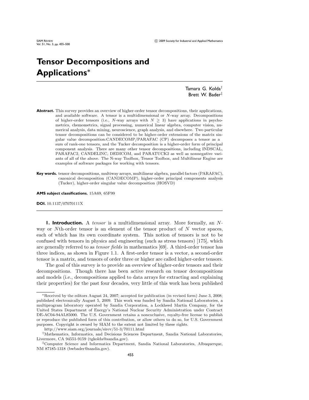 Tensor Decompositions and Applications∗