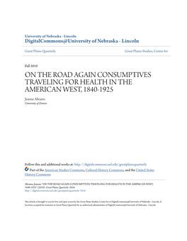 Consumptives Traveling for Health in the American West, 1840–1925