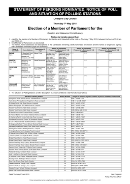 STATEMENT of PERSONS NOMINATED, NOTICE of POLL and SITUATION of POLLING STATIONS Liverpool City Council