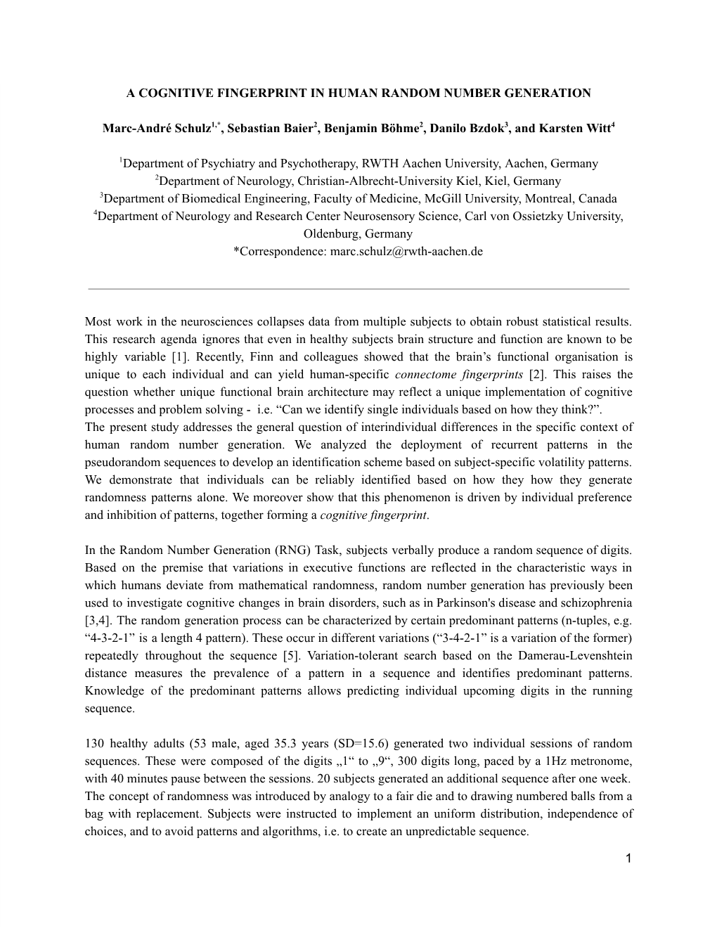 A Cognitive Fingerprint in Human Random Number Generation