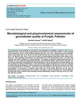 Microbiological and Physicochemical Assessments of Groundwater Quality at Punjab, Pakistan