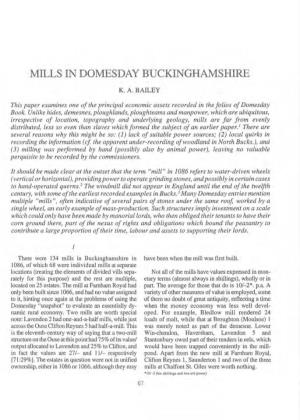 Mills in Domesday Buckinghamshire. Keith a Bailey