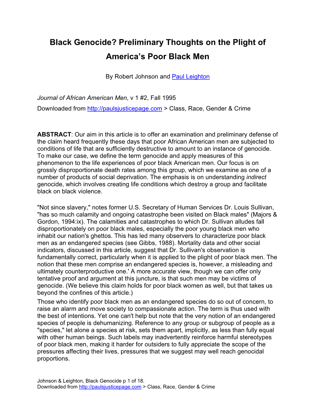 Preliminary Thoughts on the Plight of America's Poor Black