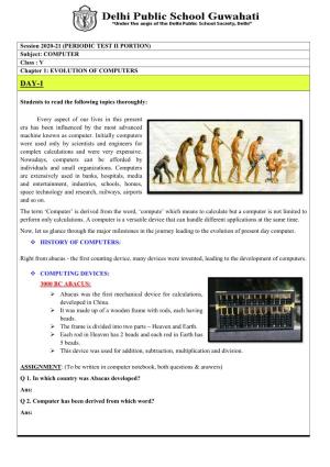 Session 2020-21 (PERIODIC TEST II PORTION) Subject: COMPUTER Class : V Chapter 1: EVOLUTION of COMPUTERS Students to Read the Fo