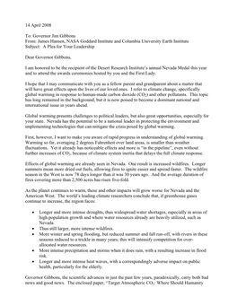 Governor Jim Gibbons From: James Hansen, NASA Goddard Institute and Columbia University Earth Institute Subject: a Plea for Your Leadership