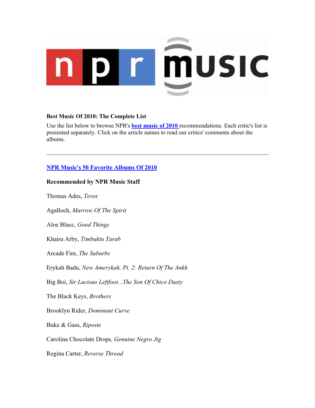 NPR Music's 50 Favorite Albums of 2010 Recommended by NPR