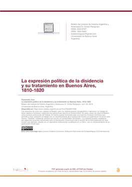 La Expresión Política De La Disidencia Y Su Tratamiento En Buenos Aires, 1810-1820