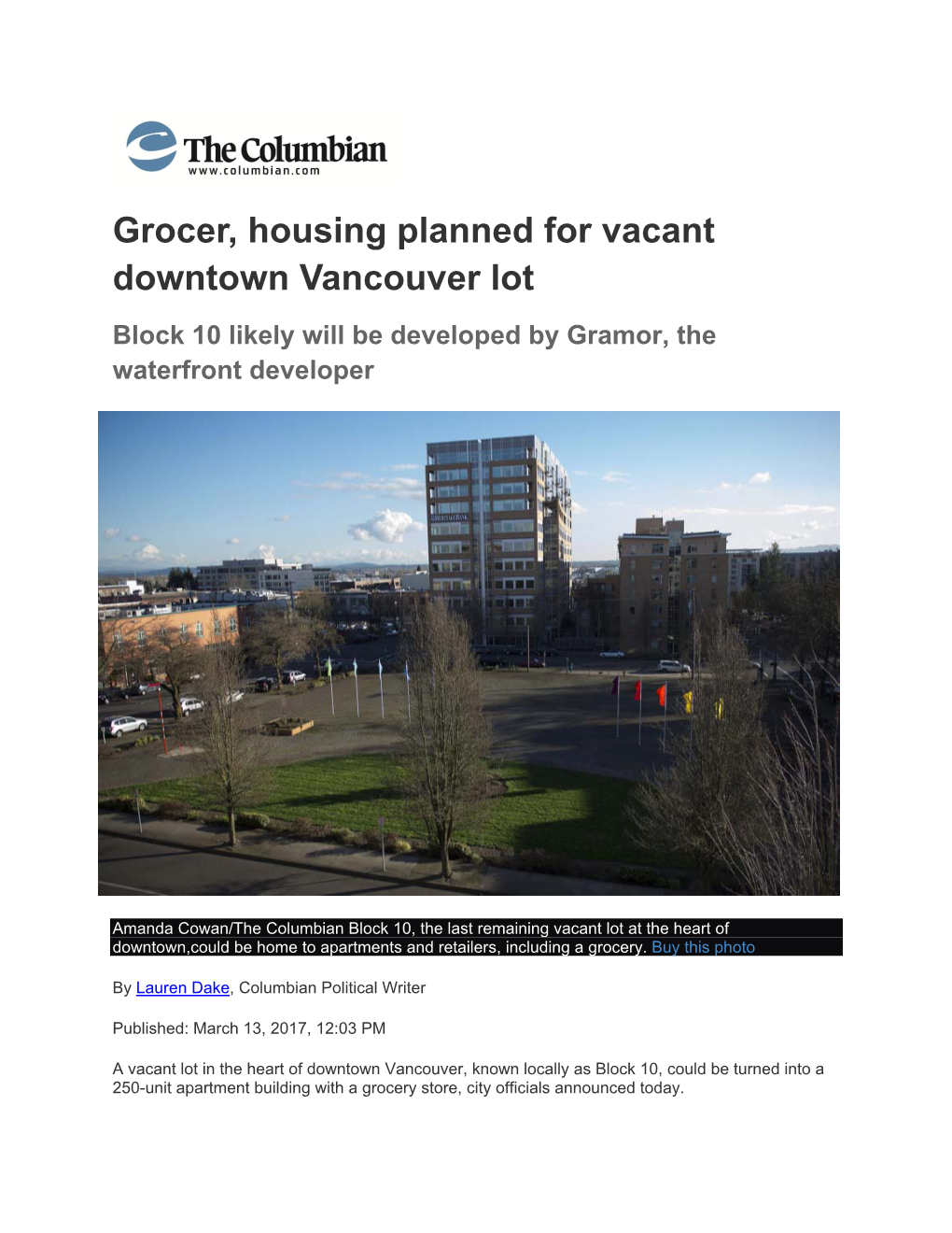 Grocer, Housing Planned for Vacant Downtown Vancouver Lot Block 10 Likely Will Be Developed by Gramor, the Waterfront Developer