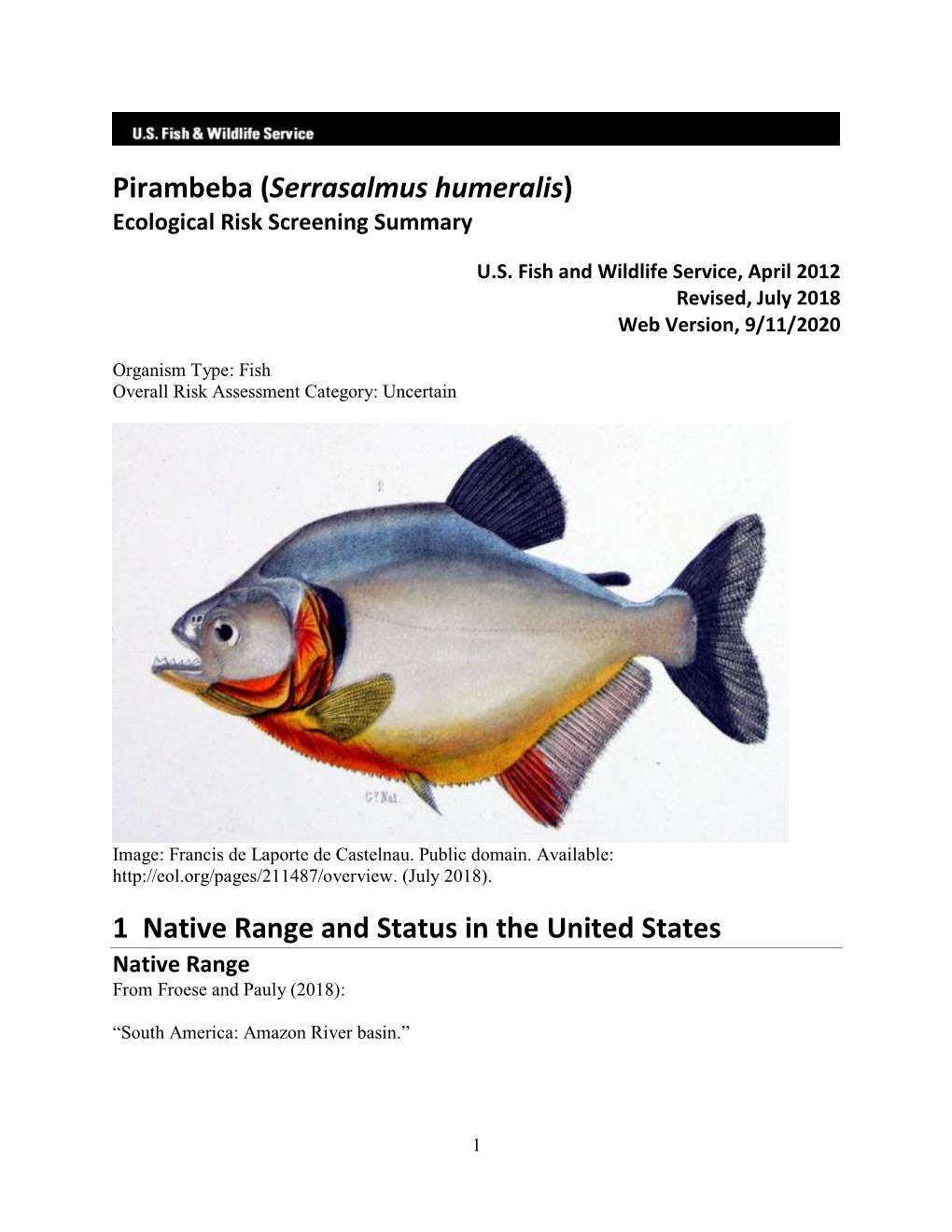 Serrasalmus Humeralis) Ecological Risk Screening Summary