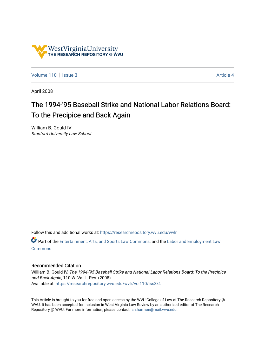 95 Baseball Strike and National Labor Relations Board: to the Precipice and Back Again