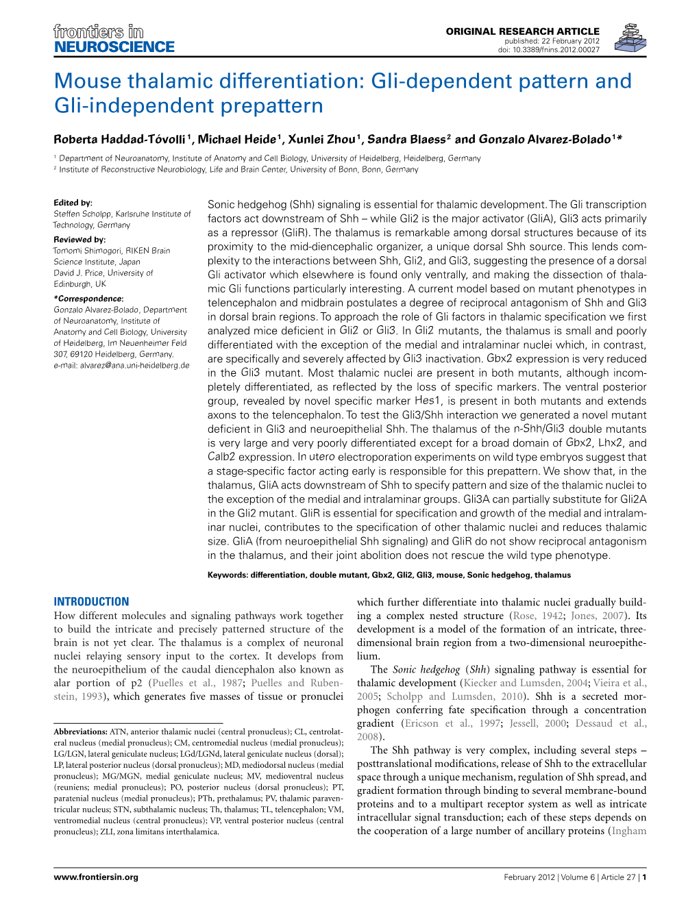 Mouse Thalamic Differentiation: Gli-Dependent Pattern and Gli-Independent Prepattern