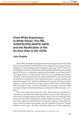 The FBI, COINTELPRO-WHITE HATE, and the Nazification of the Ku Klux Klan in the 1970S