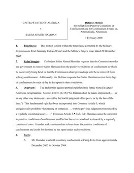 UNITED STATES of AMERICA V. SALIM AHMED HAMDAN Defense Motion for Relief from Punitive Conditions of Confinement and for Confine