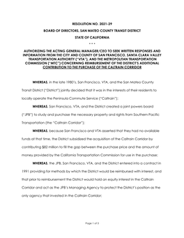 Resolution No. 2021-29 Board of Directors, San Mateo