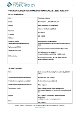 Työterveyshuollon Toimintasuunnitelma Ajalle 1.1.2016- 31.12.2020