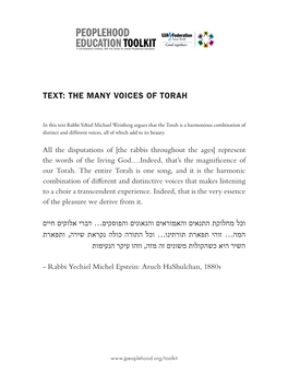 Text: the Many Voices of Torah וכל מחלוקת התנאים והאמוראים והגאונים והפוסקים… דברי